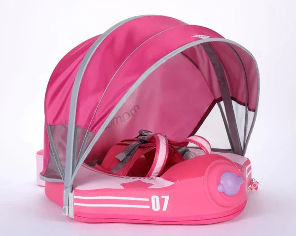 Mambobaby Airplane Toddler Float with Canopy in pink — air-free baby float with no pump and no valve.