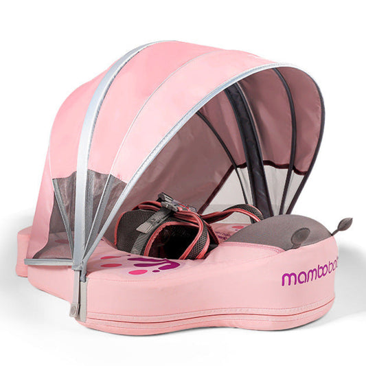 Removable UPF 50+ sun canopy on the Mambobaby Butterfly air-free baby float.
