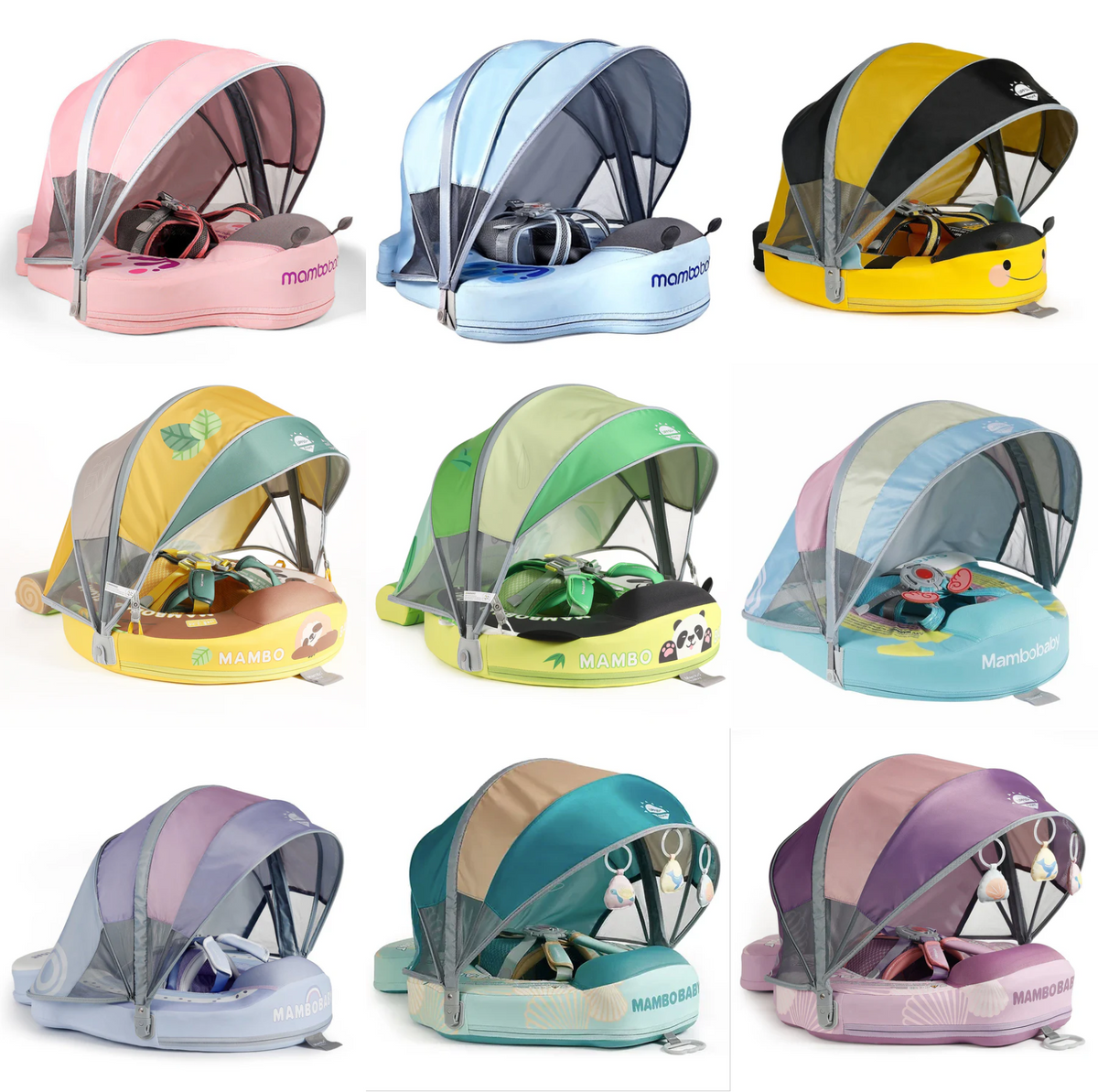 The Mambobaby air-free baby float range, shown in its available designs.