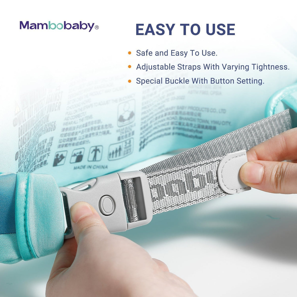 Detail of the adjustable safety harness and comfortable fabric of the Mambobaby™ Armband trainer.