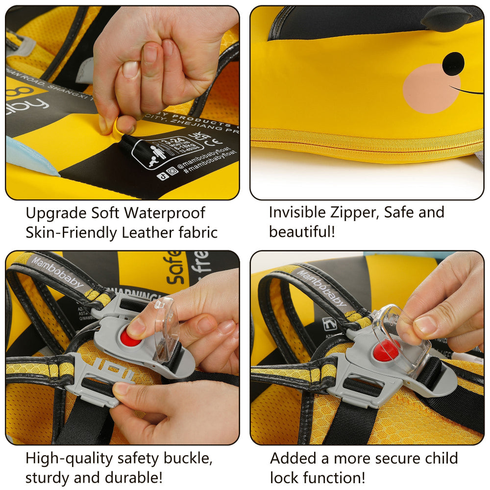 Close-up of the lock and unlock button on the Mambobaby™ Bee Float strap system.