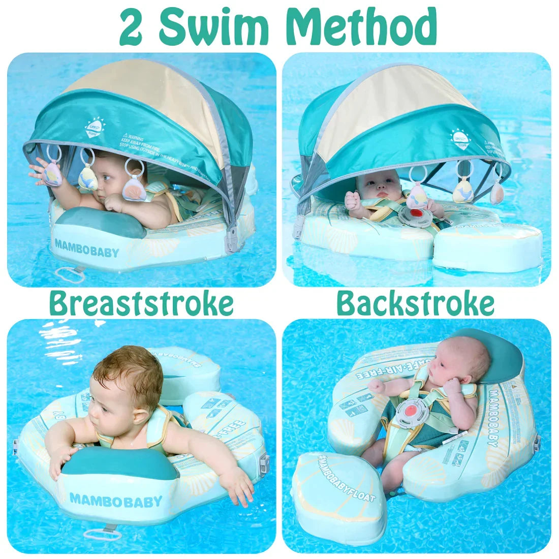 Backstroke and tummy positions shown with the Mambobaby Seashell Travel air-free baby float.