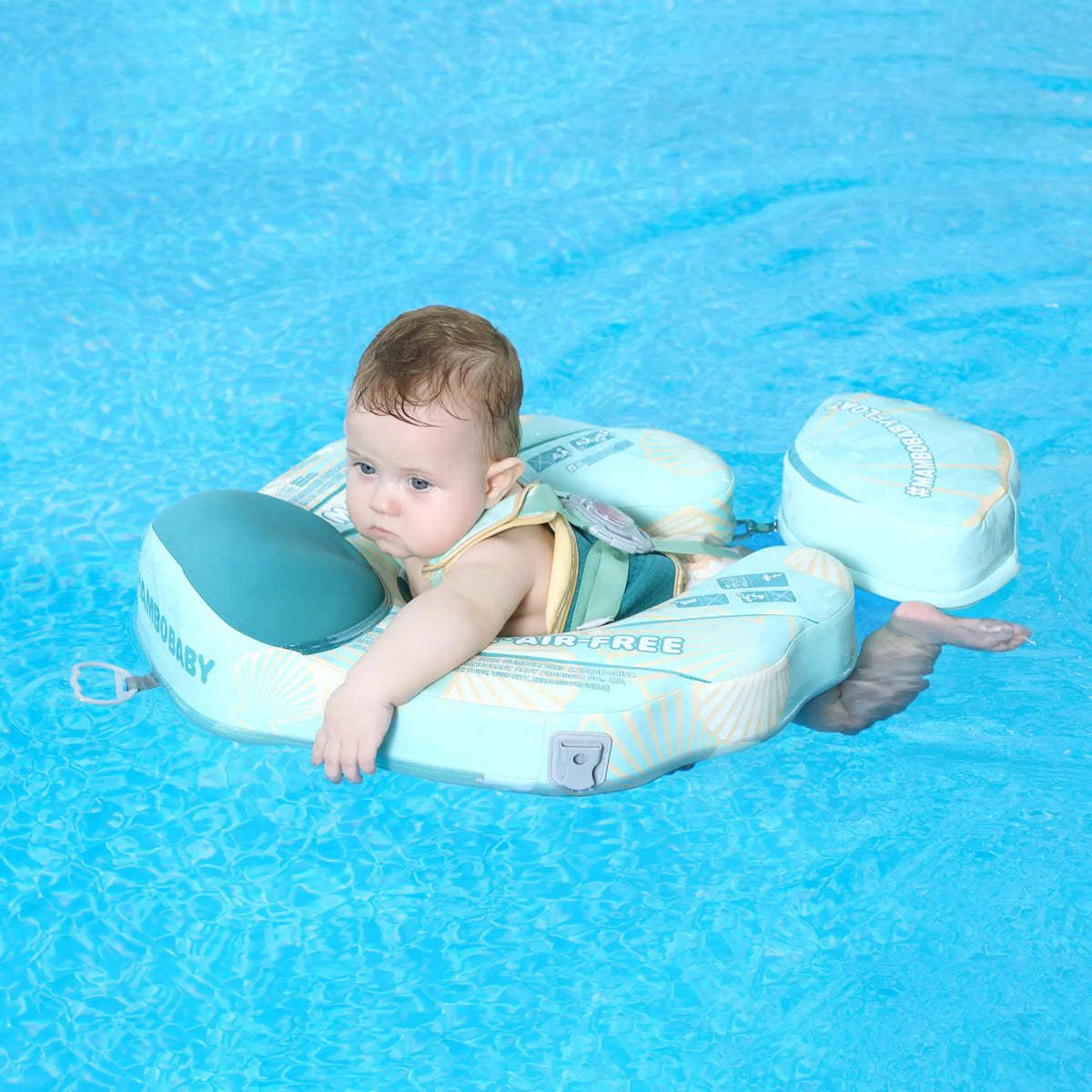 Backstroke and tummy positions shown with the Mambobaby Seashell Travel air-free baby float — view 2.