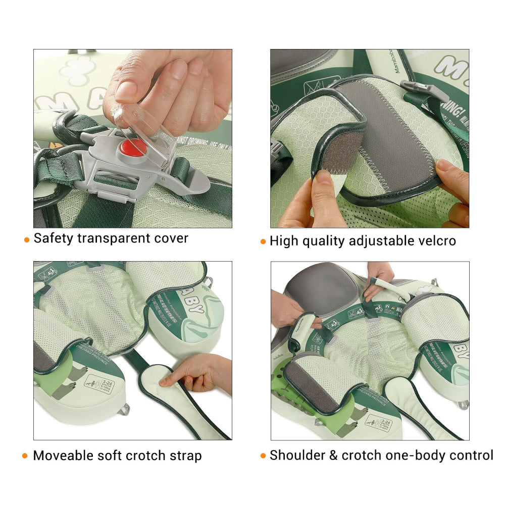 Visual guide showing how to lock and unlock the Mambobaby™ Dinosaur Float strap system.