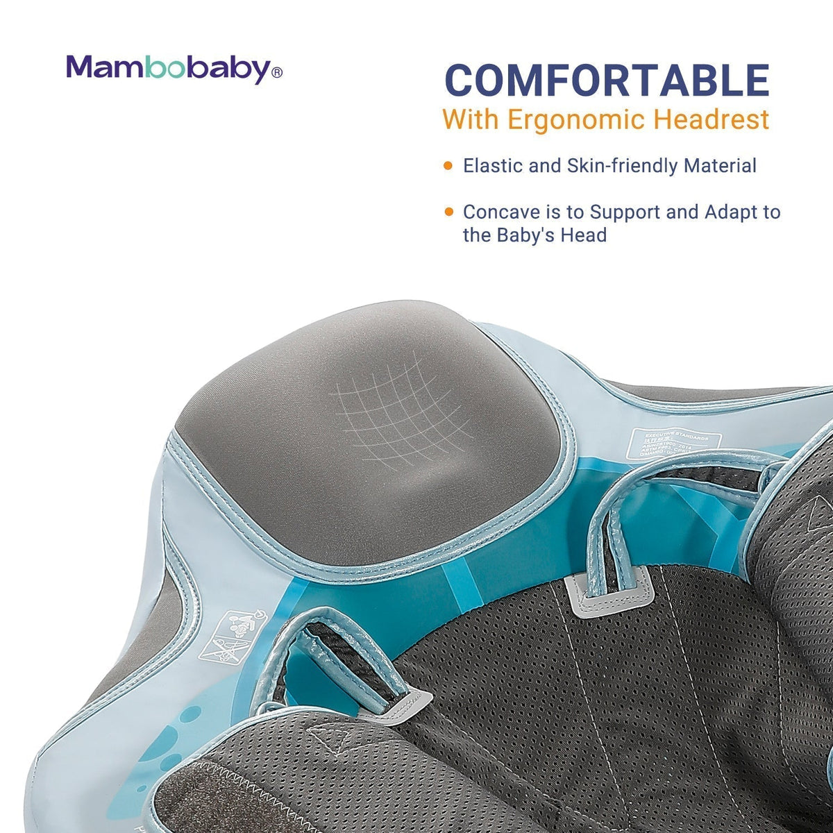 Close-up of the 45-degree ergonomic headrest on the Mambobaby™ Turtle Float for lounge support.