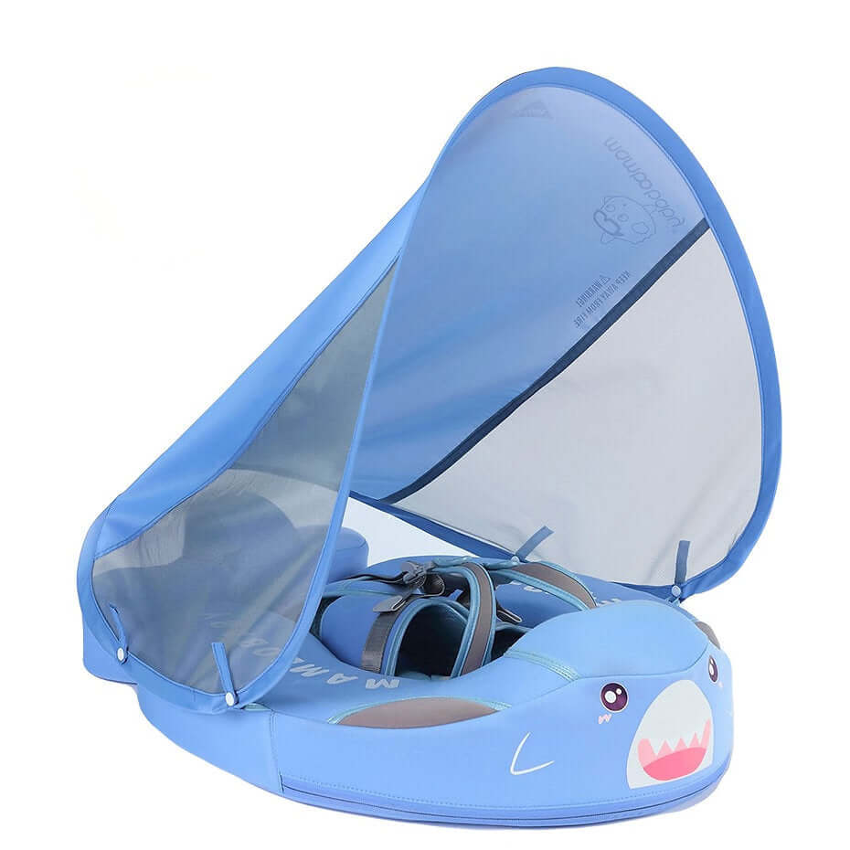 Mambobaby Flamingo Edition in blue — air-free baby float with no pump and no valve.
