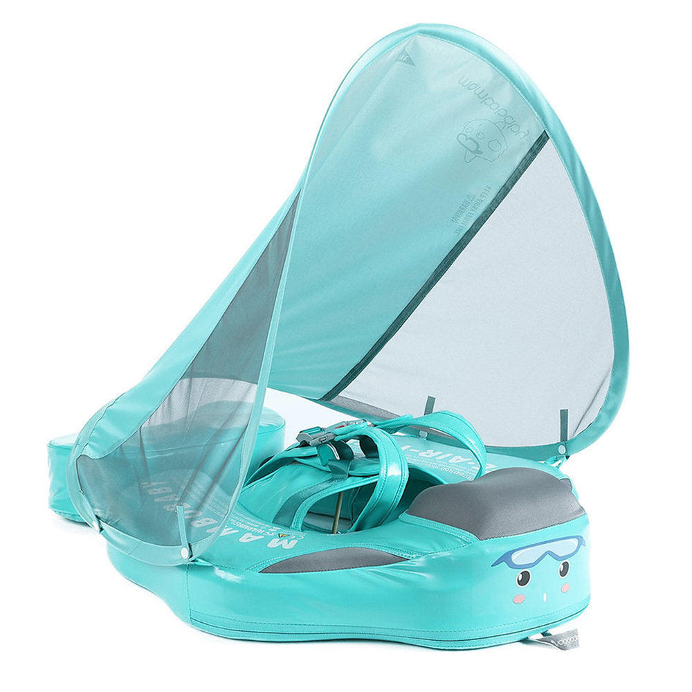 Mambobaby Flamingo Edition in green — air-free baby float with no pump and no valve.