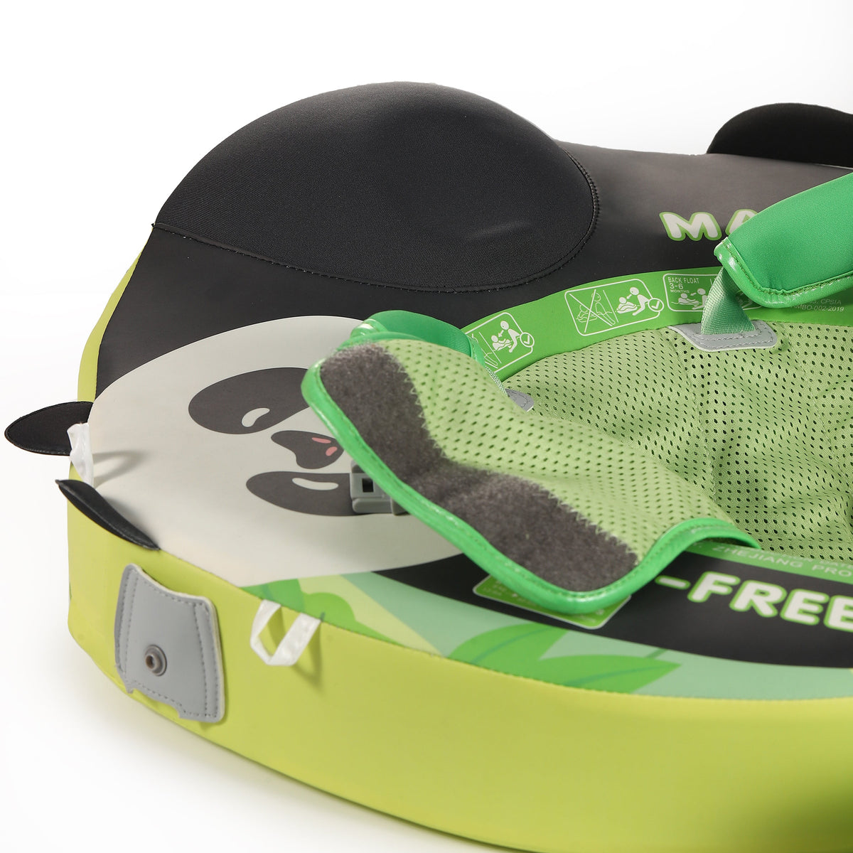 Close-up of the lock and unlock button on the Mambobaby™ Panda Float strap system.