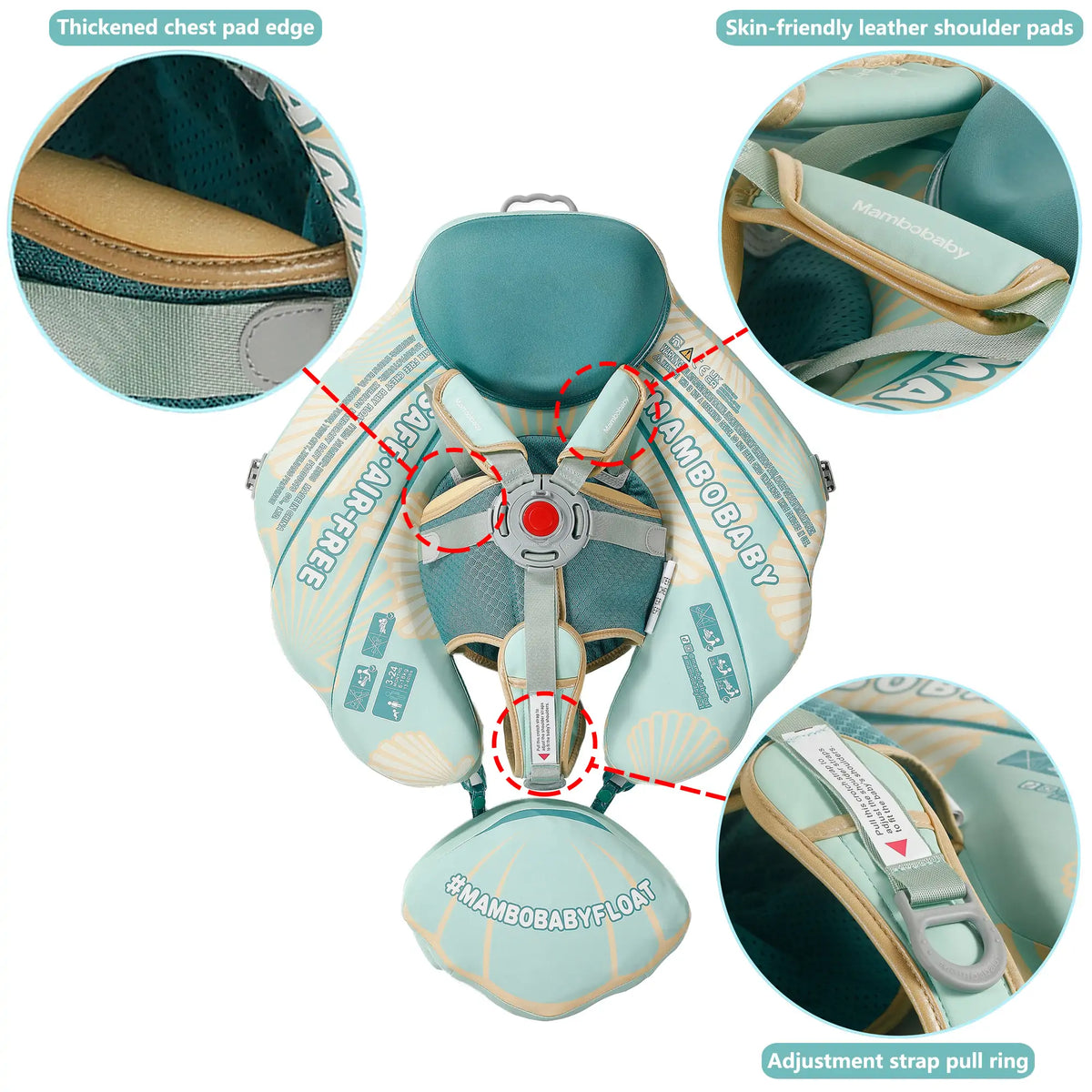 Close-up of the adjustable strap buckles and lock button on the Mambobaby Seashell Travel — view 3.