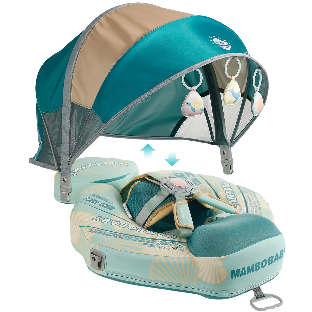Close-up of the adjustable strap buckles and lock button on the Mambobaby Seashell Travel — view 2.