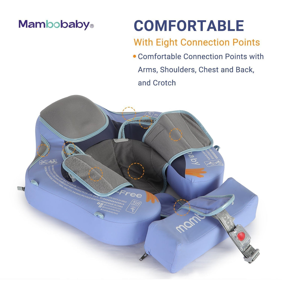 Detailed view of the Mambobaby™ strap lock and unlock button for a secure fit in the water.